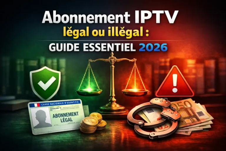 Abonnement IPTV légal ou illégal expliqué avec symboles de sécurité et de risque en 2026