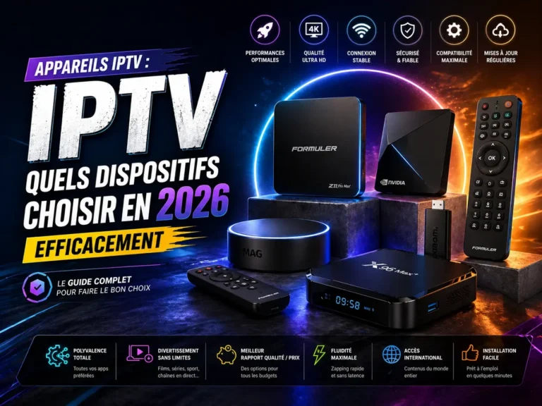 Appareils IPTV en 2026 avec différents dispositifs connectés pour comparer performance, compatibilité et installation facile.