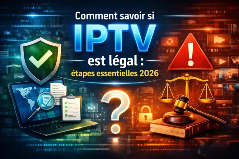Illustration moderne expliquant comment savoir si IPTV est légal avec étapes essentielles en 2026, symboles de sécurité, justice et vérification