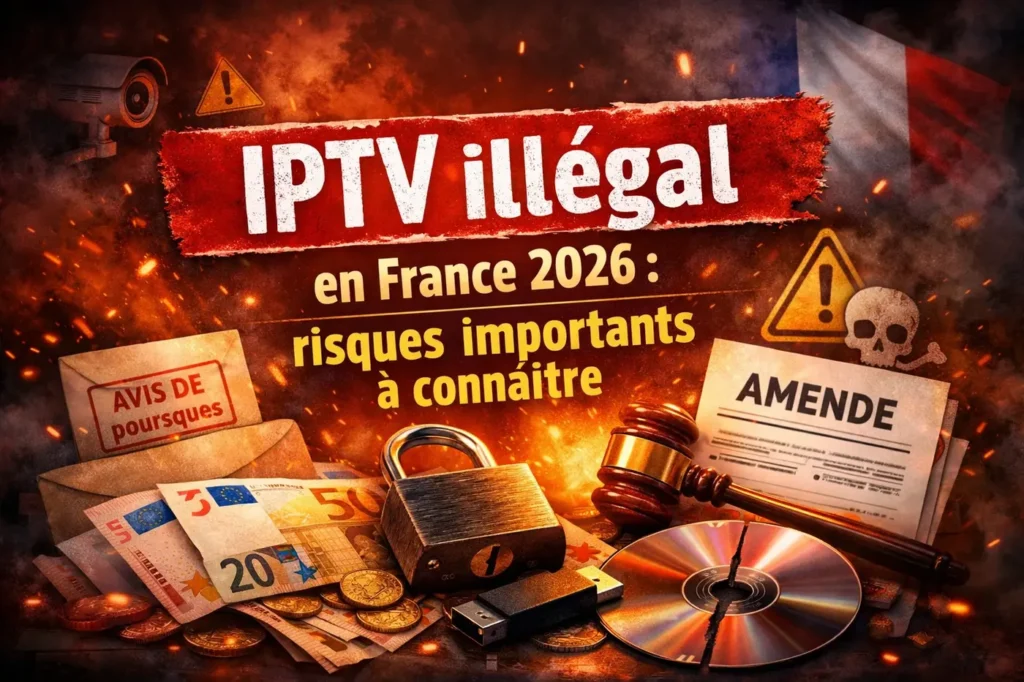 Illustration IPTV illégal en France 2026 avec symboles de risques, amende et sanctions financières