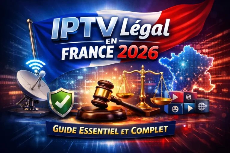 IPTV légal en France 2026 avec symboles de sécurité, justice et streaming numérique en France