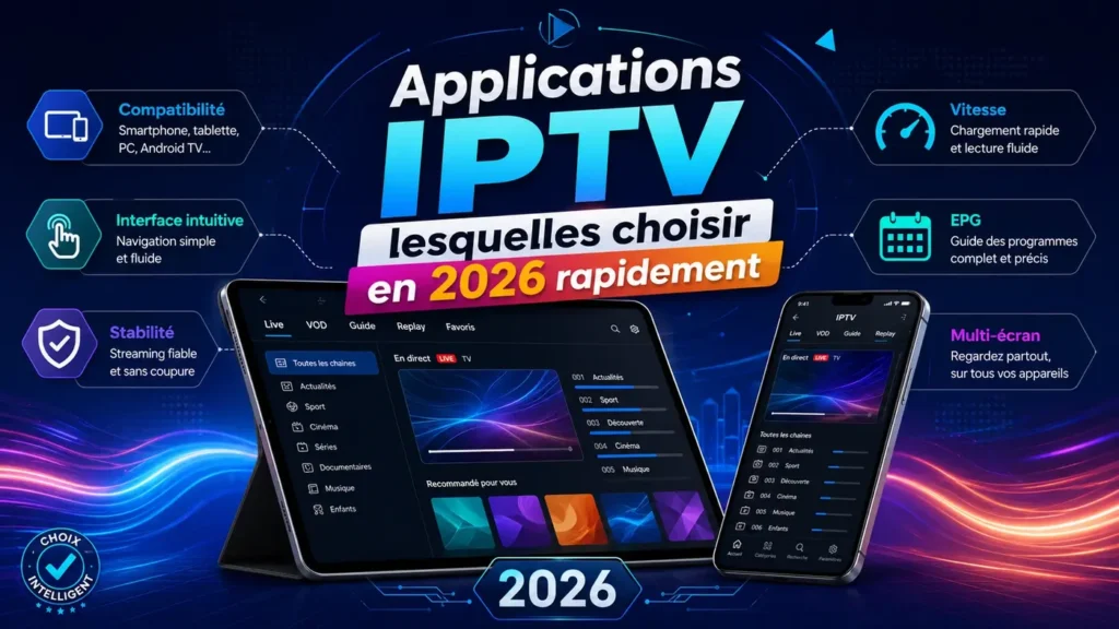 Applications IPTV : lesquelles choisir en 2026 rapidement avec interface moderne, compatibilité multi-écran et critères de choix essentiels.