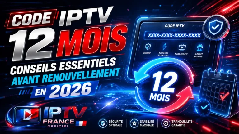 Code IPTV 12 mois avec interface de renouvellement futuriste et conseils essentiels avant 2026