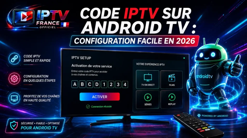 Code IPTV sur Android TV avec configuration facile en 2026 sur une interface IPTV moderne
