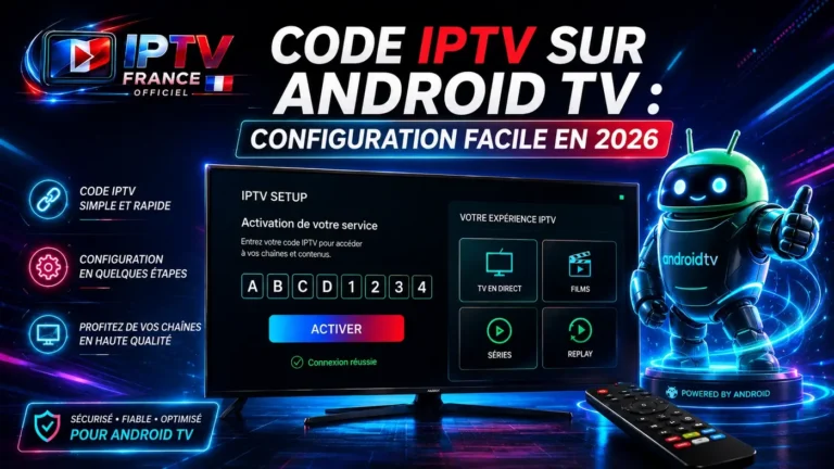 Code IPTV sur Android TV avec configuration facile en 2026 sur une interface IPTV moderne