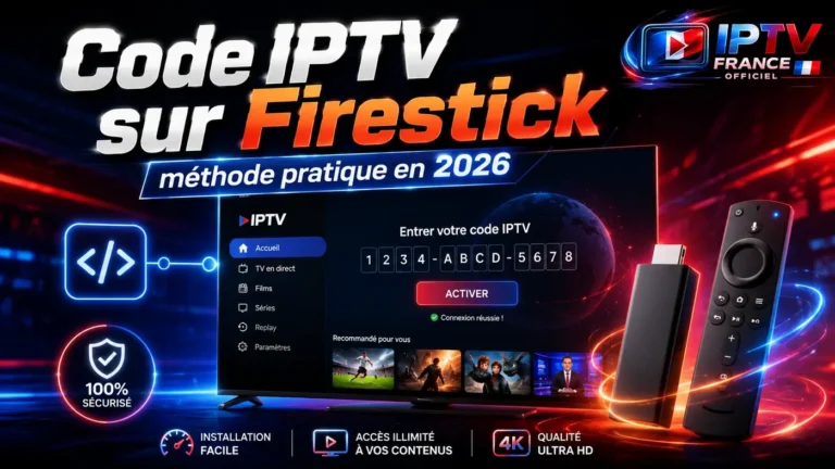 Code IPTV sur Firestick avec méthode pratique en 2026, interface IPTV et appareil Fire TV Stick