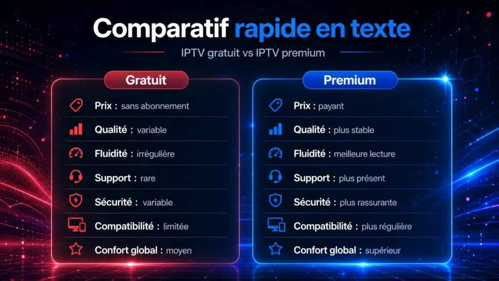 Comparatif rapide en texte entre IPTV gratuit et IPTV premium avec différences de prix, qualité, fluidité, support, sécurité et compatibilité.