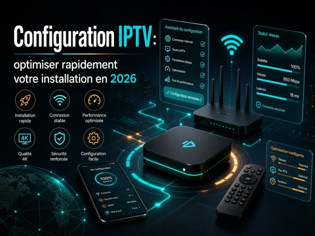 Configuration IPTV avec optimisation réseau, installation rapide, connexion stable et réglages performants pour 2026.