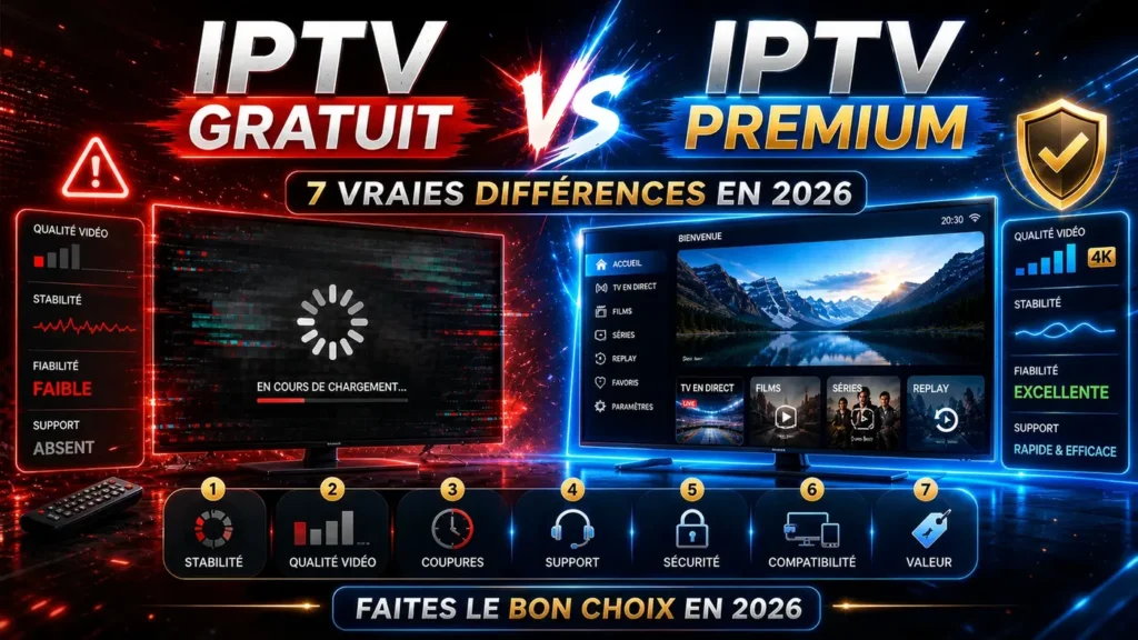 IPTV gratuit vs IPTV premium avec 7 différences clés en 2026 sur la stabilité, qualité vidéo, sécurité, support et valeur.