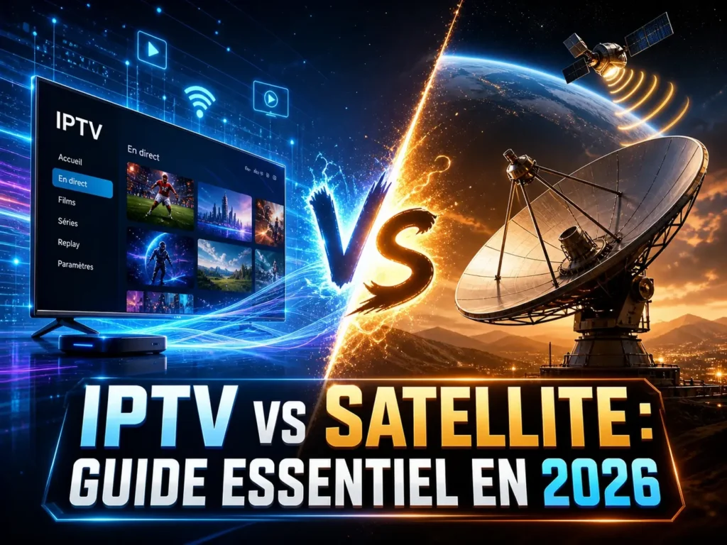 IPTV vs Satellite : guide essentiel en 2026 avec comparaison visuelle entre streaming IPTV moderne et réception satellite.