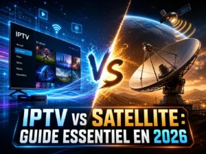 IPTV vs Satellite : guide essentiel en 2026 avec comparaison visuelle entre streaming IPTV moderne et réception satellite.