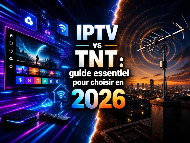 Image comparative IPTV vs TNT montrant un univers streaming futuriste face à une antenne TNT, pour choisir la meilleure solution TV en 2026.
