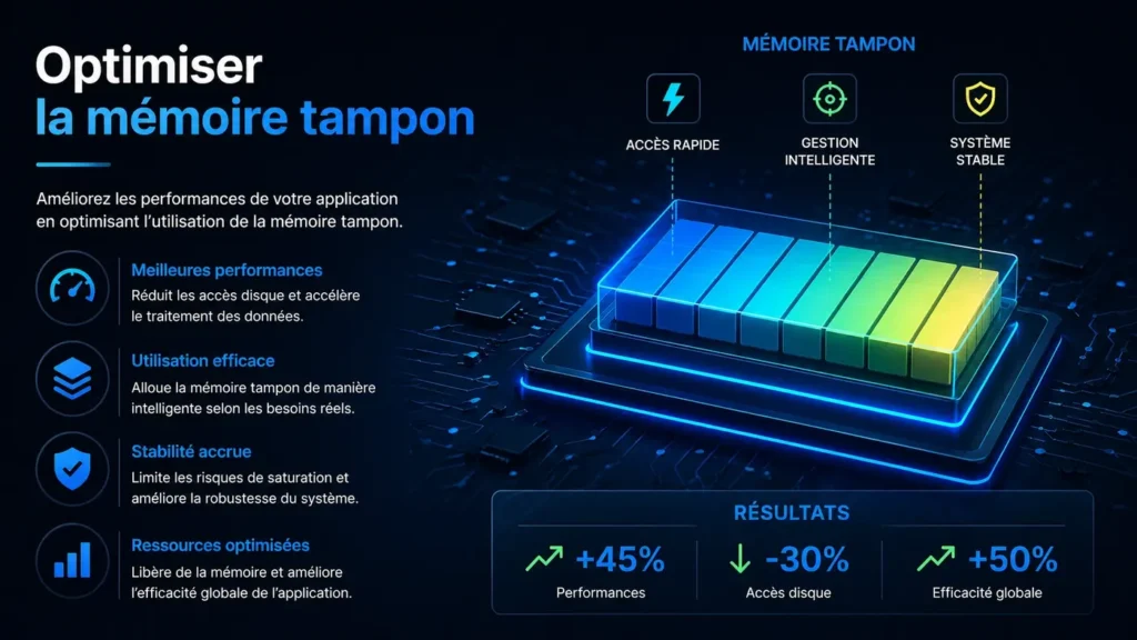 Configuration IPTV : illustration professionnelle montrant l’optimisation de la mémoire tampon pour améliorer la fluidité, réduire le buffering et stabiliser le streaming en 2026.