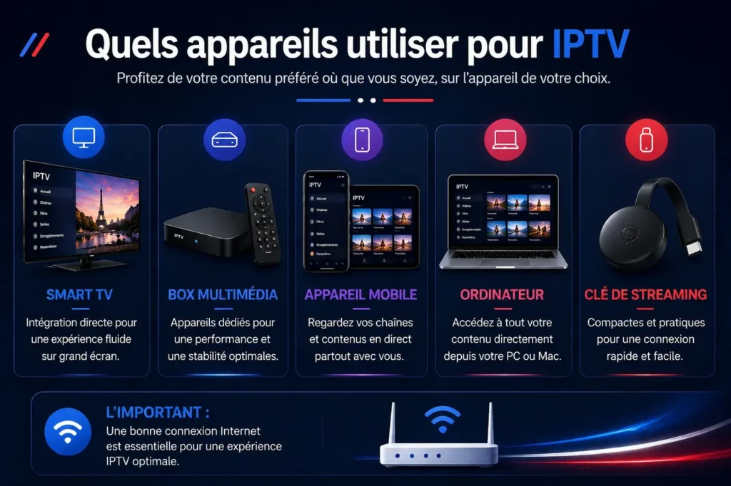 Quels appareils utiliser pour IPTV en 2026 : Smart TV, box multimédia, mobile, ordinateur et clé de streaming