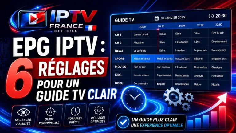 EPG IPTV avec guide TV clair, réglages optimisés, horaires précis et interface de programme organisée