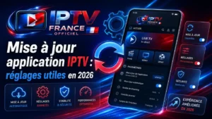 Image illustrant une mise à jour application IPTV avec réglages utiles, options de sécurité, stabilité et performances en 2026
