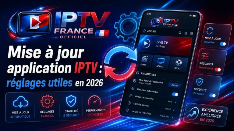 Image illustrant une mise à jour application IPTV avec réglages utiles, options de sécurité, stabilité et performances en 2026