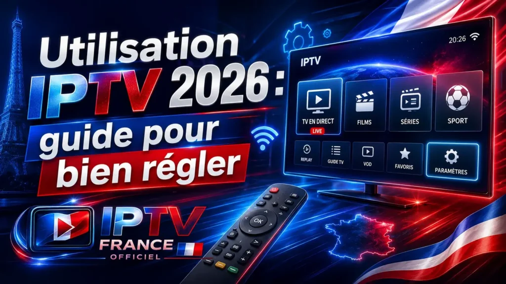 Utilisation IPTV 2026 guide pour bien régler avec écran TV, paramètres IPTV et logo IPTV France Officiel