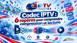 Codec IPTV : illustration des formats H.264, H.265 HEVC, AV1 et VP9 pour comprendre la compression et la lecture vidéo.