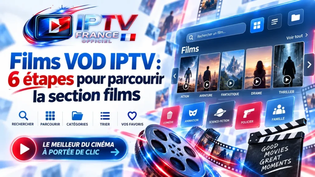 Films VOD IPTV : interface de navigation dans la section films avec recherche, catégories et favoris