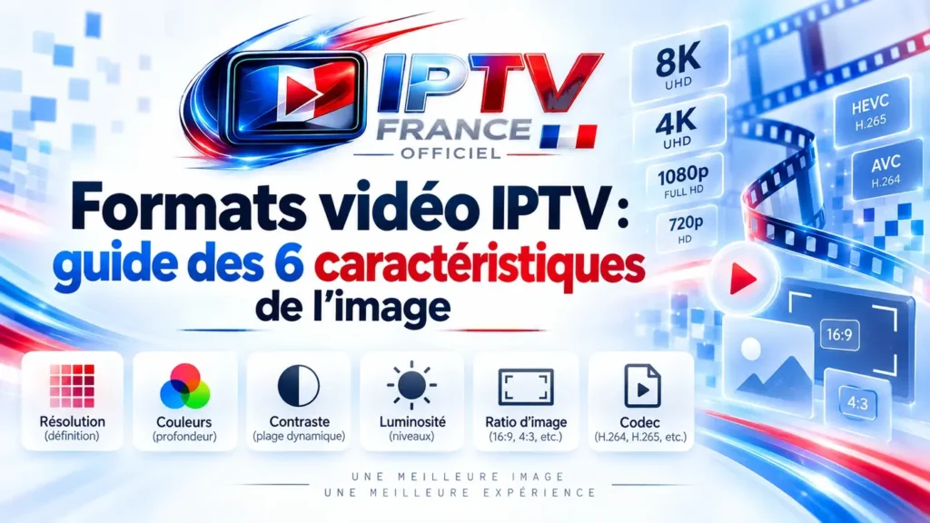 Formats vidéo IPTV : illustration des 6 caractéristiques de l’image, résolution, couleurs, contraste, luminosité, ratio et codec vidéo.