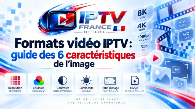 Formats vidéo IPTV : illustration des 6 caractéristiques de l’image, résolution, couleurs, contraste, luminosité, ratio et codec vidéo.