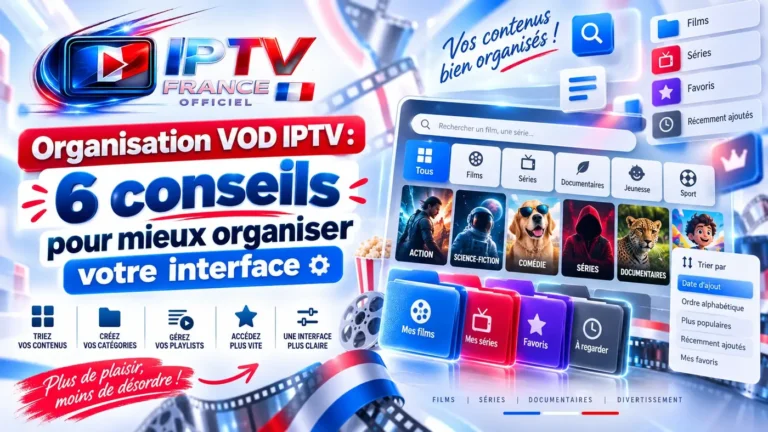 Organisation VOD IPTV : interface de films et séries avec catégories, favoris et options de tri pour mieux organiser ses contenus