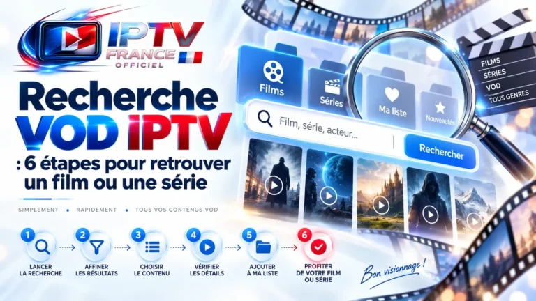 Recherche VOD IPTV : interface de recherche de films et séries avec loupe, filtres et 6 étapes de navigation.