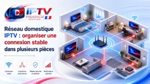 Réseau domestique IPTV avec connexion stable organisée dans plusieurs pièces en 2026