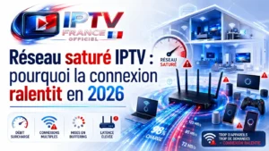 Réseau saturé IPTV avec connexion ralentie et plusieurs appareils connectés en 2026