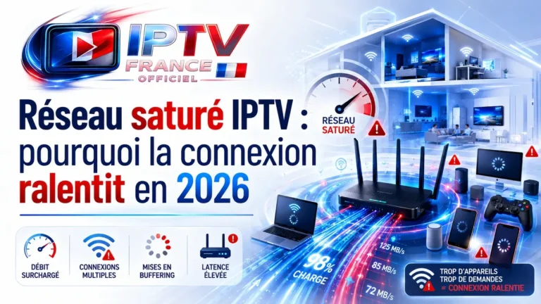 Réseau saturé IPTV avec connexion ralentie et plusieurs appareils connectés en 2026