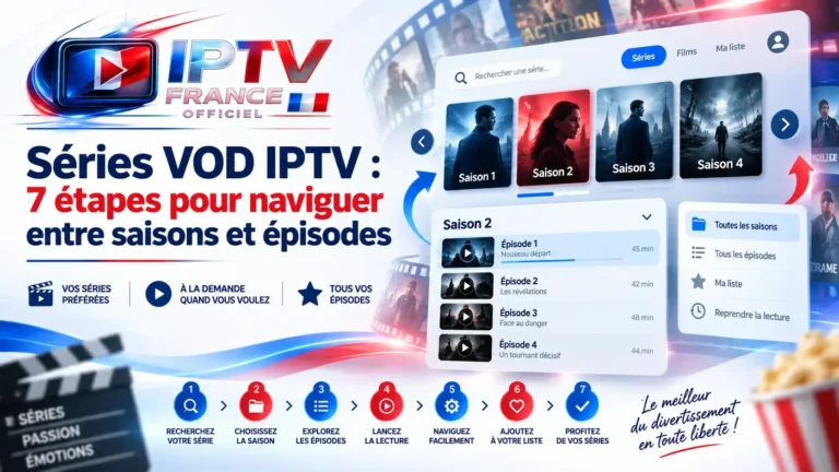 Séries VOD IPTV : interface de navigation entre les saisons et épisodes d’une série